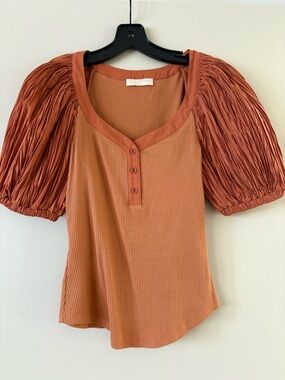Ulla Johnson Rust Puff-Sleeve Ribbed Henley Top